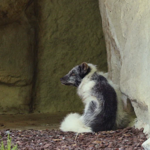 A somewhat spooked looking arctic fox sitting against a rock wall. The fur on their back is dark grey while chest and tail remain fluffy white. Someone bring them a brush!