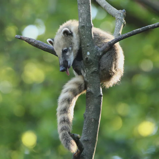 A South American coati hanging in a tree with a very long tongue sticking out widely.