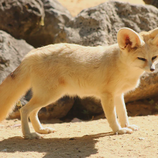 Fennec fox on a sandy ground with the sun shining onto her from the back. Doesn't look very awake.