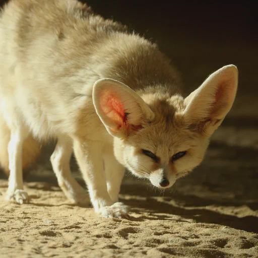 A very curious looking fennec fox approaches the camera. The ground is all sand and the sun shines onto her from the side.