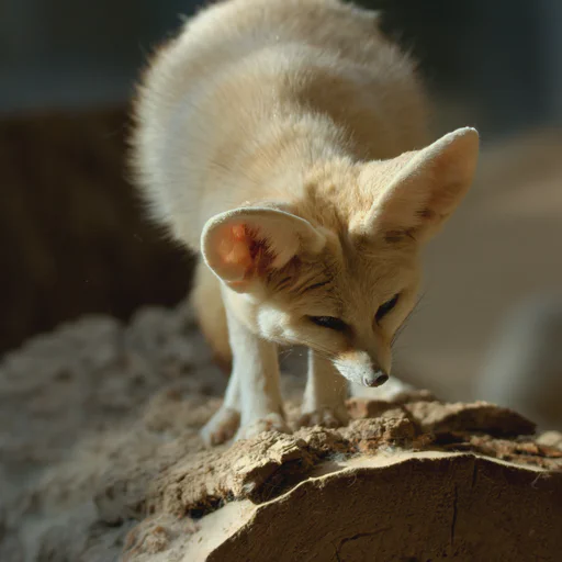 A fennec fox standing on a tree log section sniffing something on it.