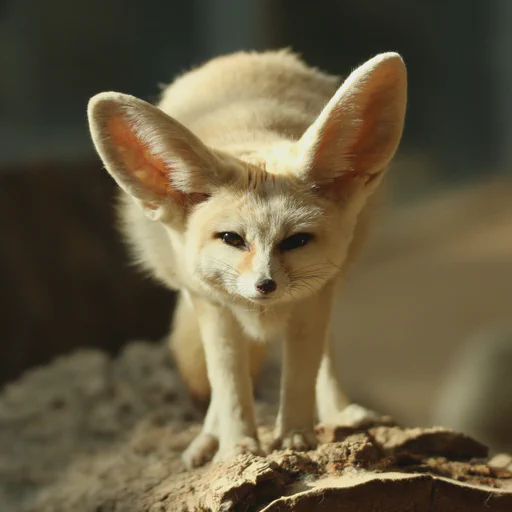 A fennec fox standing on a large tree log and looking directly at the camera.