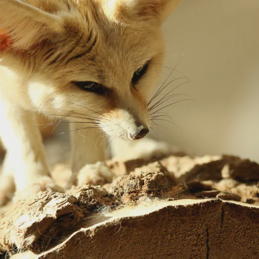 Close up of a fennec fox climbing along a large tree log section. There is a lot of fur stuck on the edges of the log and bark.