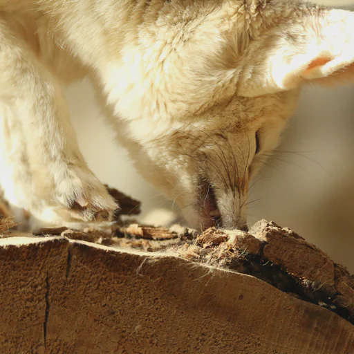 Close up photo of a rather bored fennec fox ripping off the bark of a large tree.