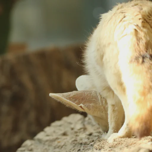 Fennec fox taking apart the bark or a large tree log.