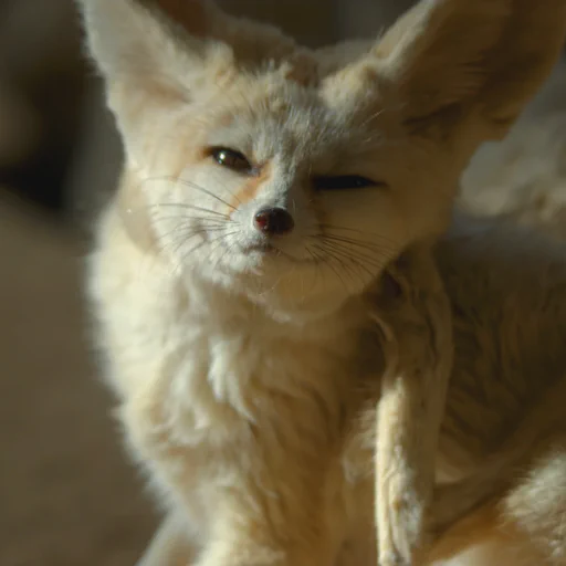 Really fluffy looking fennec fox scratching her cheek with a paw.