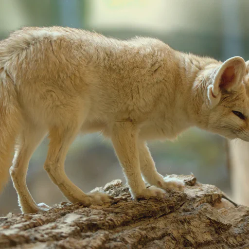 A fennec fox from the side. She's standing on a large tree log.