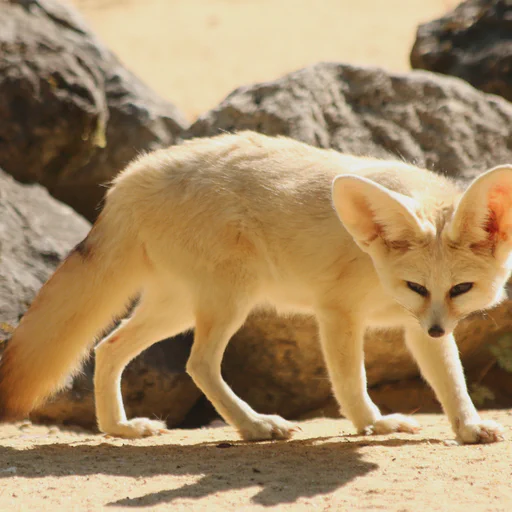 A fennec fox is pictured walking from the side and looking towards the camera. She seems to be up to no good.