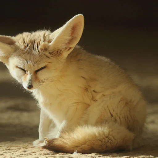 A somewhat grumpy looking fennec fox sits on the sand and looks towards the camera like we just disturbed her peace and she's about to get an oversized knife.