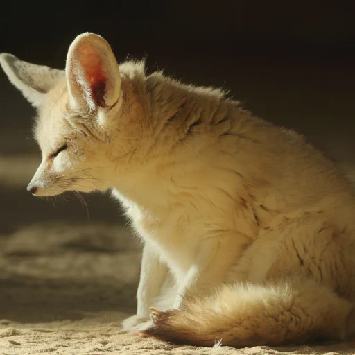 Rather sleepy fennec fox sitting on a sunny spot. Eyes are closed and she seems to be daydreaming a bit.