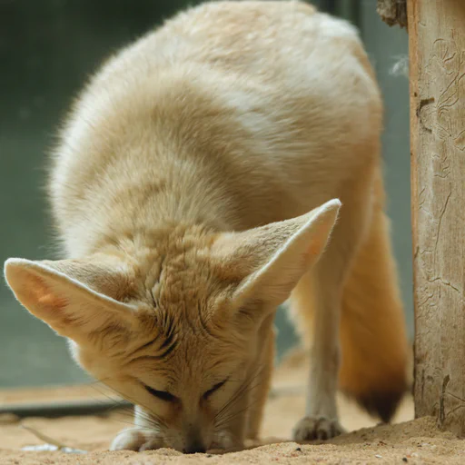 A fennec fox sniffing on the ground. She is looking for more leftovers from the grasshopper she dismembered just a minute before.