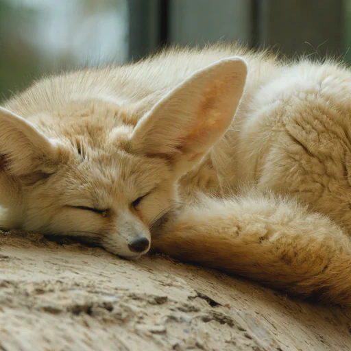 Really fluffy looking fennec fox asleep on a tree log. Although her eyes are ever so slightly opened.