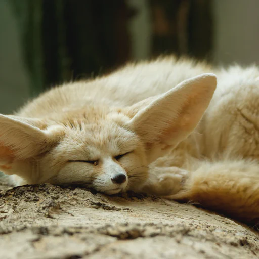 Slightly grumpy looking fennec fox sleeping in a sunny spot on a tree log.