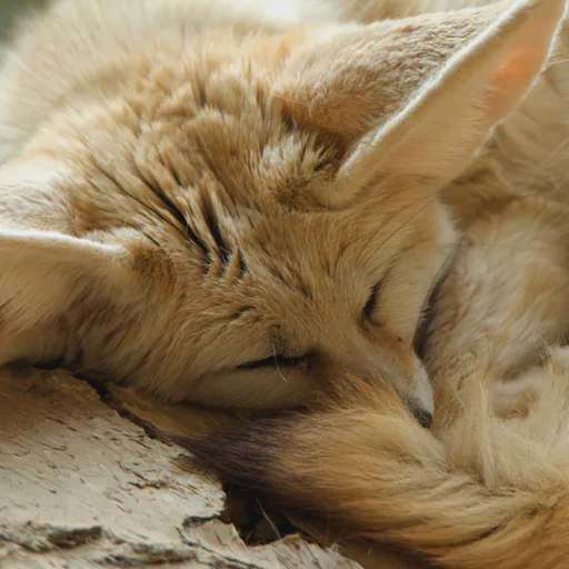 Close up of a fennec fox in croissant shape sleeping peacefully on a tree bark.