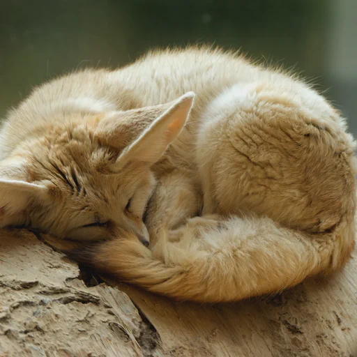 A fennec fox curled up into a croissant sleeping on an old tree log.