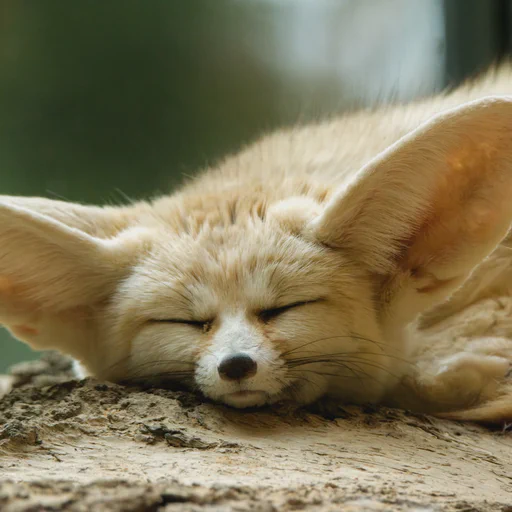 Close up of a fennec fox sleeping on a tree log, eyes every so slightly opened.