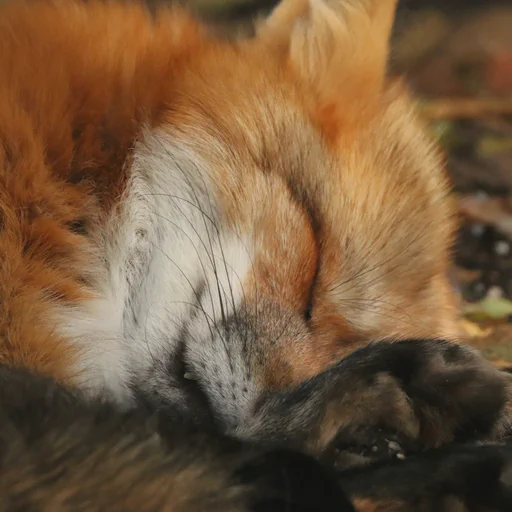 Close up photo of a sleeping red fox. It's folded nicely into a croissant. Eyes are closed and little teeth are sticking out.