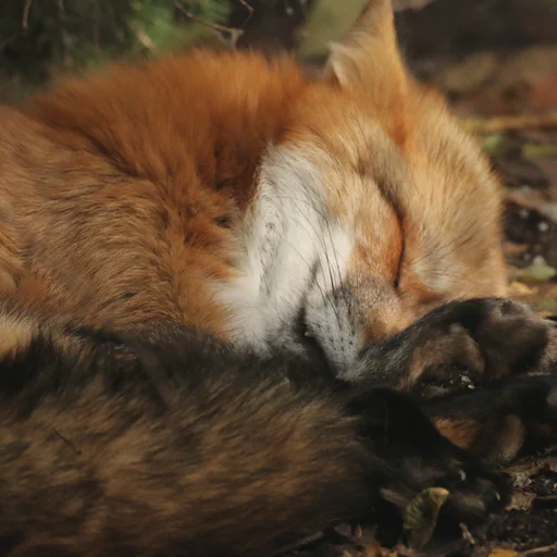 Close up photo of a sleeping red fox. It's folded nicely into a croissant. Eyes are closed and little teeth are sticking out.